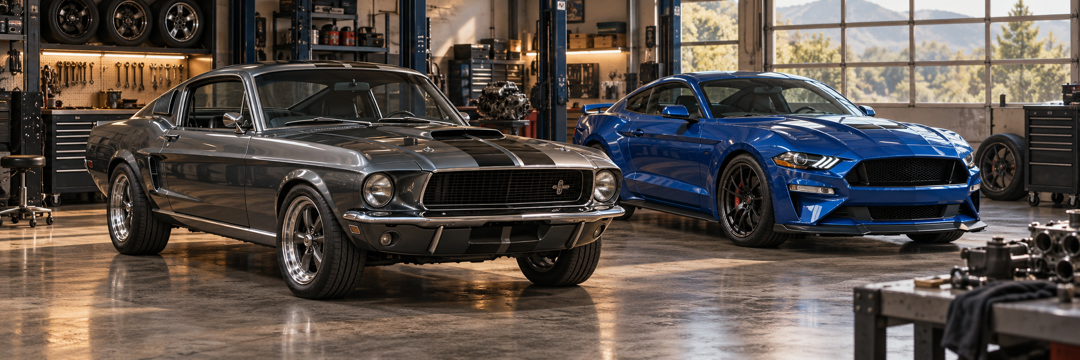 Illustrative classic graphite fastback and modern blue performance coupe in an enthusiast workshop